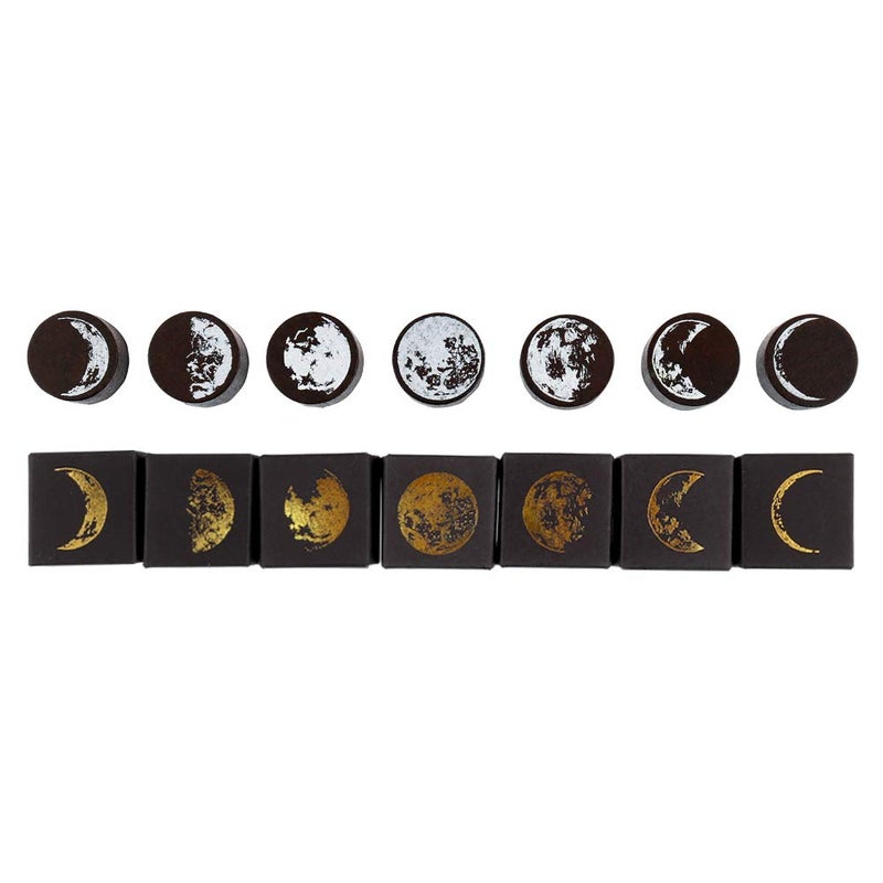 Dizdkizd 7 Pieces Phases of The Moon Wooden Rubber Stamps, Decorative Mounted Rubber Stamp Set for DIY Craft, Letters Diary and Scrapbooking - Image 1